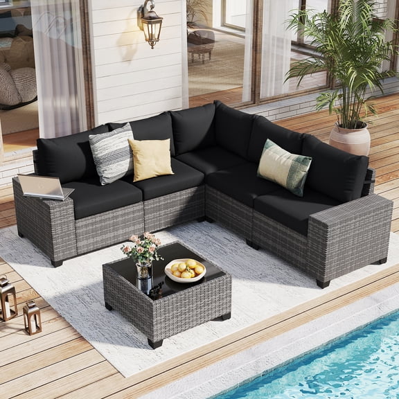 JOIVI 6 Pieces Patio Furniture Set with Coffee Table, Outdoor Wicker Rattan Sectional Sofa Conversation Set with Wide Armrest for Deck, Porch, Yard, Black