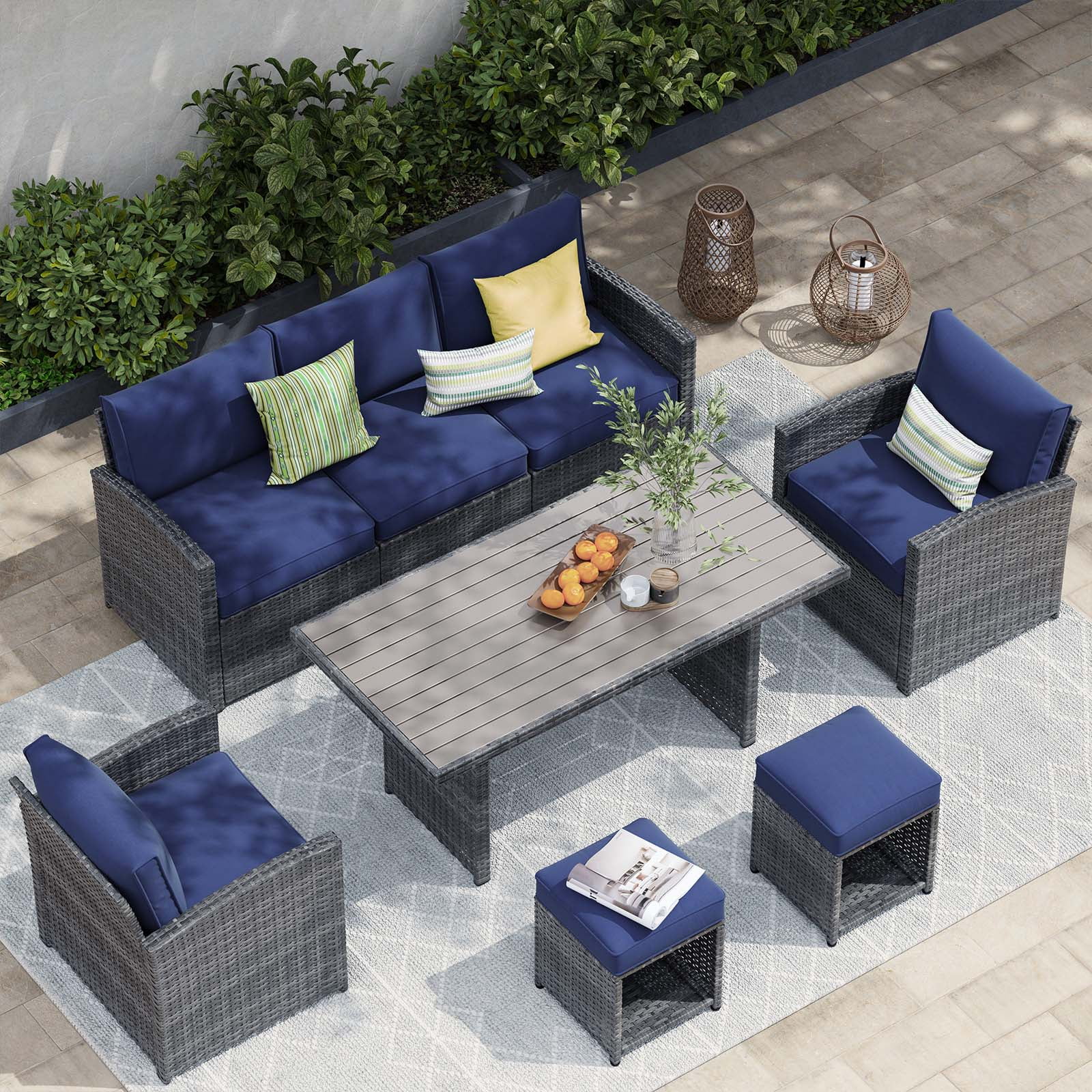 JOIVI 6pc Patio Set, Rattan Wicker Outdoor Furniture, Aluminum Table