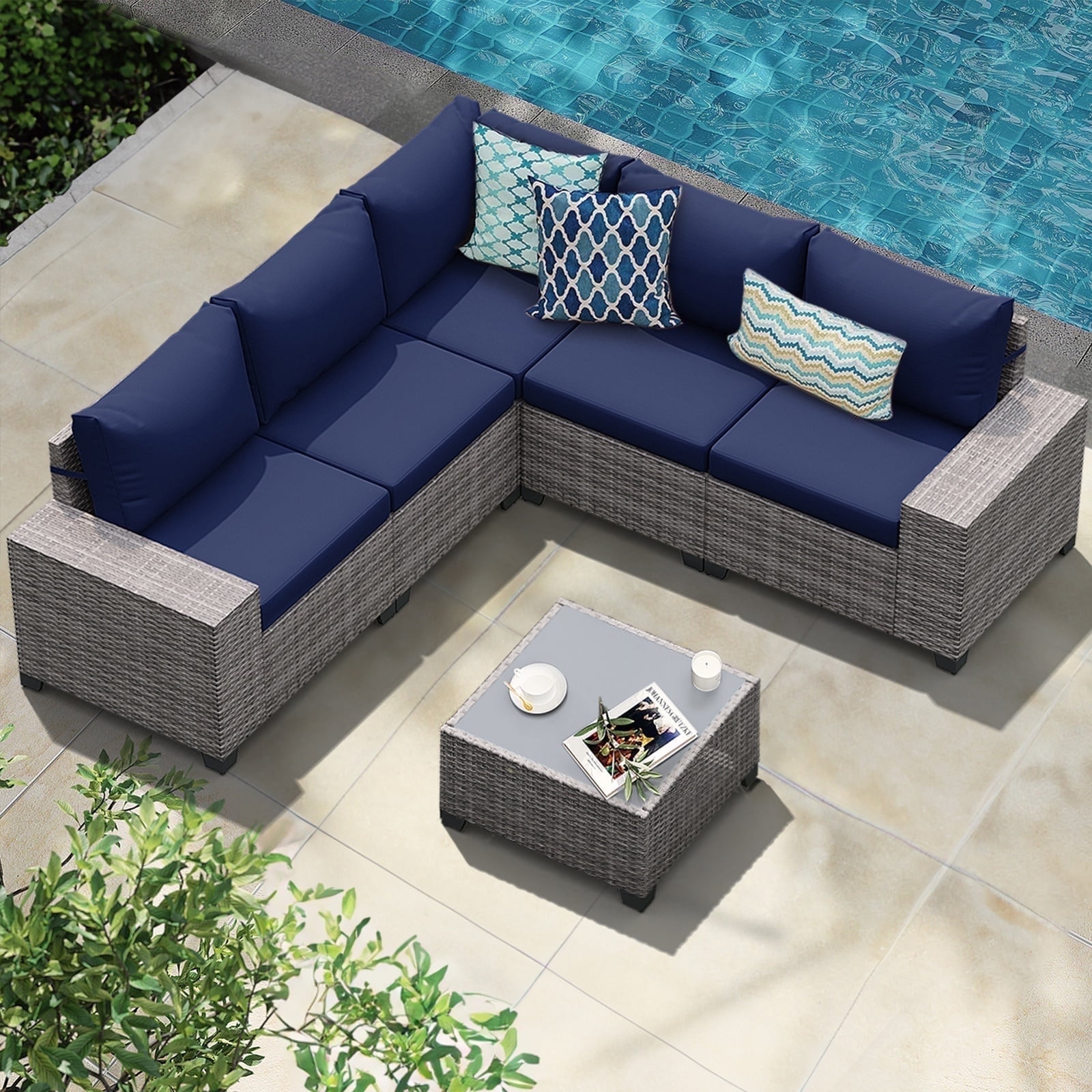 Walmart Deals of JOIVI 6-Piece Wicker Patio Set, Outdoor Conversation Sofa with Coffee Table, Navy Blue