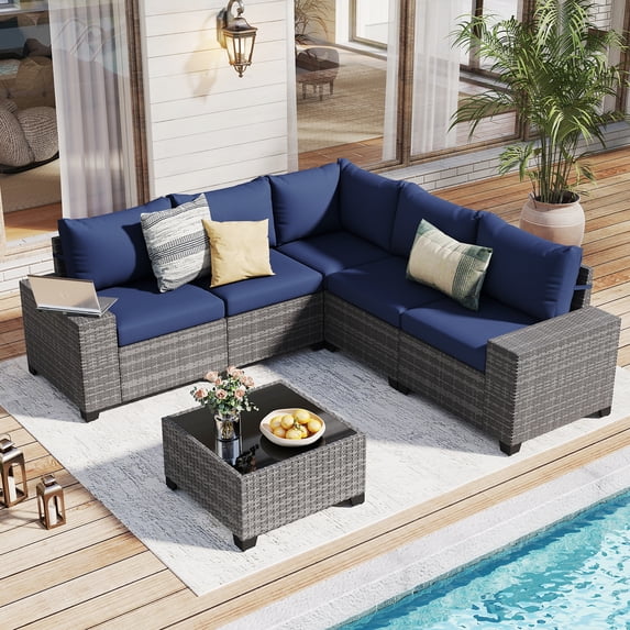 JOIVI 6 Pieces Patio Furniture Set, Wicker Outdoor Conversation Set with Coffee Table, Rattan Sectional Sofa and Table Set with Cushions for Deck, Garden, Porch, Navy Blue
