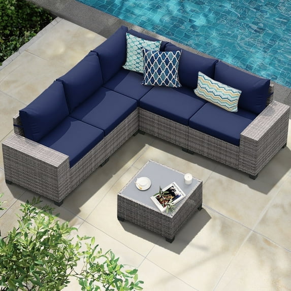 JOIVI 6 Pieces Patio Furniture Set, Wicker Outdoor Conversation Set with Coffee Table, Rattan Sectional Sofa and Table Set with Cushions for Deck, Garden, Porch, Navy Blue