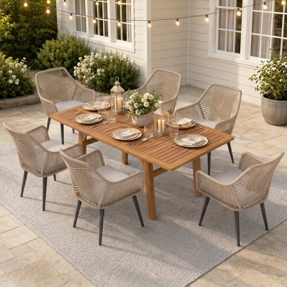 JOIVI 7-Piece Outdoor Dining Set, Patio Dining Set for 4-6 People with 55"-71" Expandable Table and Rattan Chairs, Wicker Dining Furniture for Deck, Backyard (Cross Back Chair)
