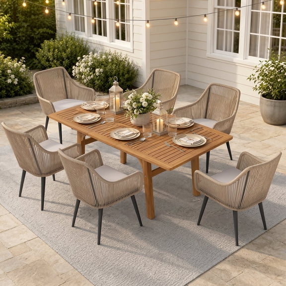JOIVI 7-Piece Outdoor Dining Set, Patio Dining Set for 4-6 People with 55"-71" Expandable Table and Rattan Chairs, Wicker Dining Furniture for Deck, Backyard (Straight-line Back Chair)