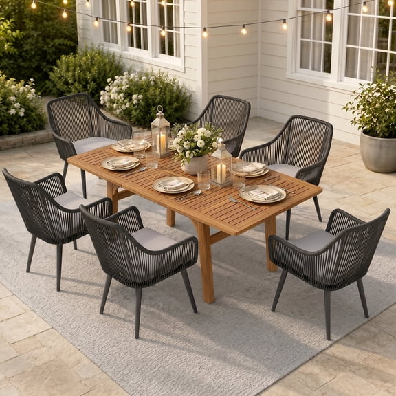 JOIVI 7-Piece Outdoor Dining Set, Patio Dining Set for 4-6 People with 55"-71" Expandable Table and Rattan Chairs, Wicker Dining Furniture for Deck, Backyard (Straight-line Back Chair)