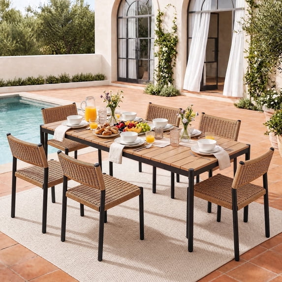 JOIVI 7 Piece Outdoor Dining Set, Stackable Rattan Chairs and 70" Metal Dining Table with WPC Tabletop, Outdoor Patio Furniture Set for 6 with All-Weather Chairs for Deck, Garden, Porch