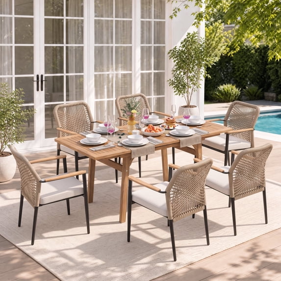 JOIVI 7-Piece Outdoor Patio Dining Set, 4-6 People Dining Furniture Set with Stackable Chairs and Expandable Patio Table, Ideal for Backyard, Garden, Deck