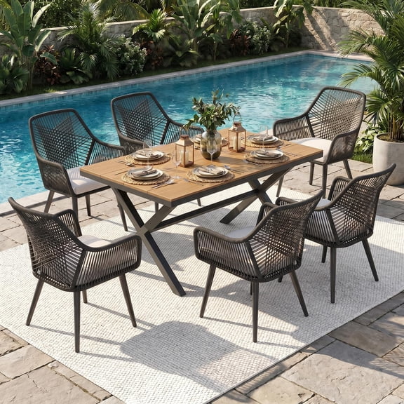 JOIVI 7-Piece Patio Dining Set, Outdoor Dining Furniture for 4-6 people, Patio Wicker Dining Set with Rattan Chairs and Dining Table for Backyard, Deck( Black & Cross Back)