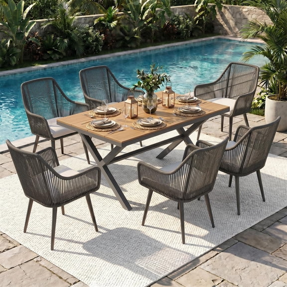 JOIVI 7-Piece Patio Dining Set, Outdoor Dining Furniture for 4-6 people, Patio Wicker Dining Set with Rattan Chairs and Dining Table for Backyard, Deck( Black & Straight-line Back)