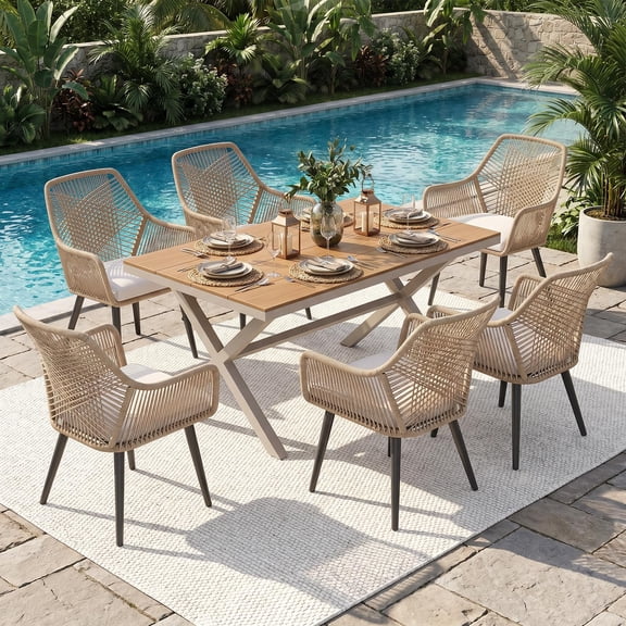 JOIVI 7-Piece Patio Dining Set, Outdoor Dining Furniture for 4-6 people, Patio Wicker Dining Set with Rattan Chairs and Dining Table for Backyard, Deck( Tan & Cross Back)