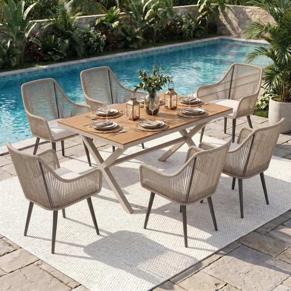 JOIVI 7-Piece Patio Dining Set, Outdoor Dining Furniture for 4-6 people, Patio Wicker Dining Set with Rattan Chairs and Dining Table for Backyard, Deck( Tan & Straight-line Back)