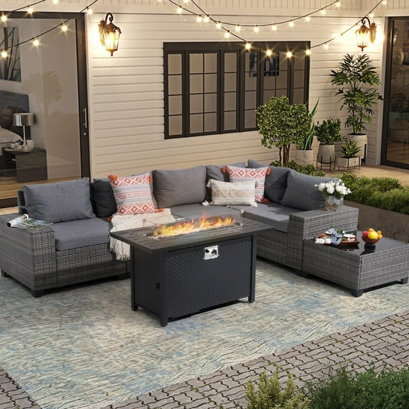 JOIVI 7-Piece Patio Furniture Set with 45" Fire Pit Table, Rattan Outdoor Conversation Set with 50,000 BTU Gas Fire Pit and Coffee Table, Wicker Sectional Sofa Set with Wide Armrest, Gray