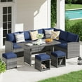 thumbnail image 1 of JOIVI 7 Piece Patio Furniture Set, Outdoor Dining Sectional Sofa Set with Aluminum Top Dining Table, Rattan Dining Conversation Furniture Set with Ottomans for Deck, Backyard, Navy Blue, 1 of 9