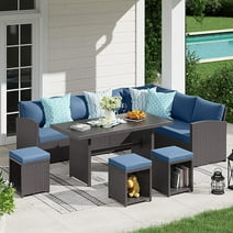 JOIVI 7 Piece Patio Furniture Set, Outdoor Dining Sectional Sofa Set with Aluminum Table and Ottoman, Rattan Wicker Conversation Set,  Aegean Blue