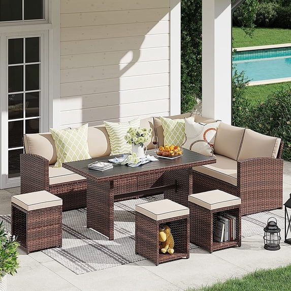 JOIVI 7 Pieces PE Rattan Wicker Dining 9 Sofa Set with Ottoman and Aluminum Table, Beige