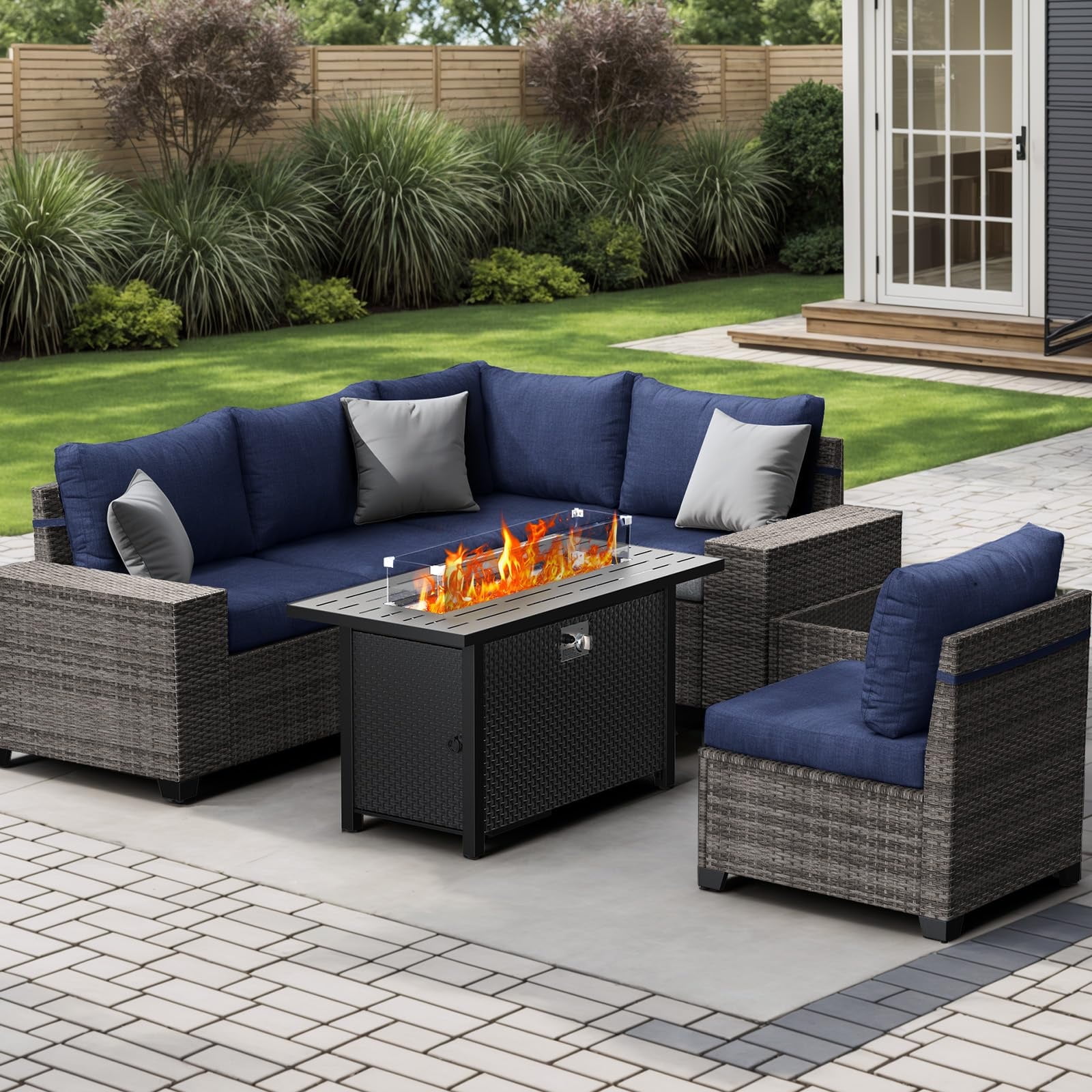 JOIVI 7 Pieces Patio Furniture Set with 45 Fire Pit Table Wicker Outdoor Conversation Set with Cushions Rattan Sectional Sofa and Table Set with 50 000 BTU Gas Fire Pit Navy Blue