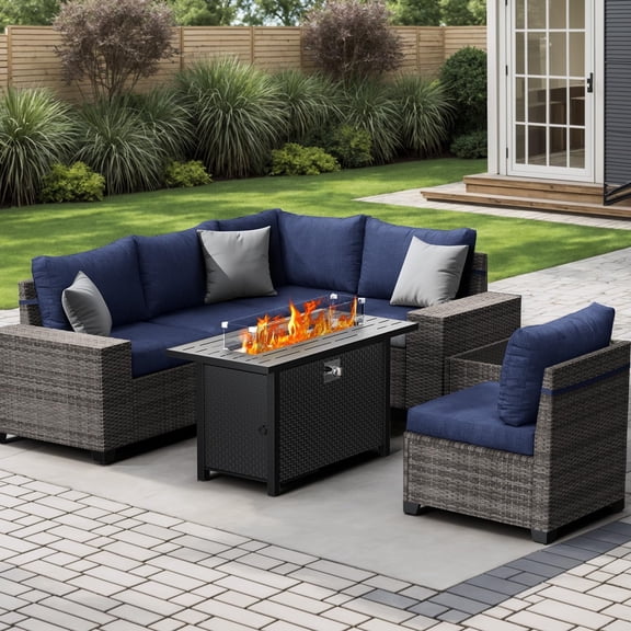 JOIVI 7 Pieces Patio Furniture Set with 45" Fire Pit Table, Wicker Outdoor Conversation Set with Cushions, Rattan Sectional Sofa and Table Set with 50,000 BTU Gas Fire Pit, Navy Blue