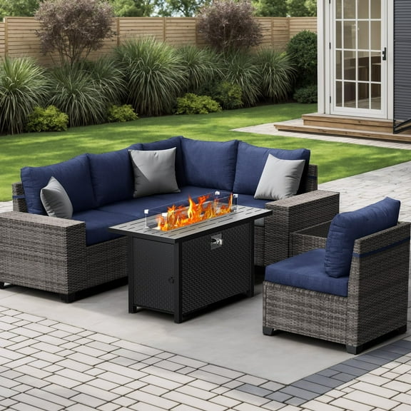 JOIVI 7 Pieces Patio Furniture Set with 45" Fire Pit Table, Wicker Outdoor Conversation Set with Cushions, Rattan Sectional Sofa and Table Set with 50,000 BTU Gas Fire Pit, Navy Blue