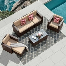 JOIVI 7 Pieces Patio Furniture Set, Outdoor Rattan Sectional Sofa Conversation Set with Ottoman and Coffee Table for 5 People, Brown