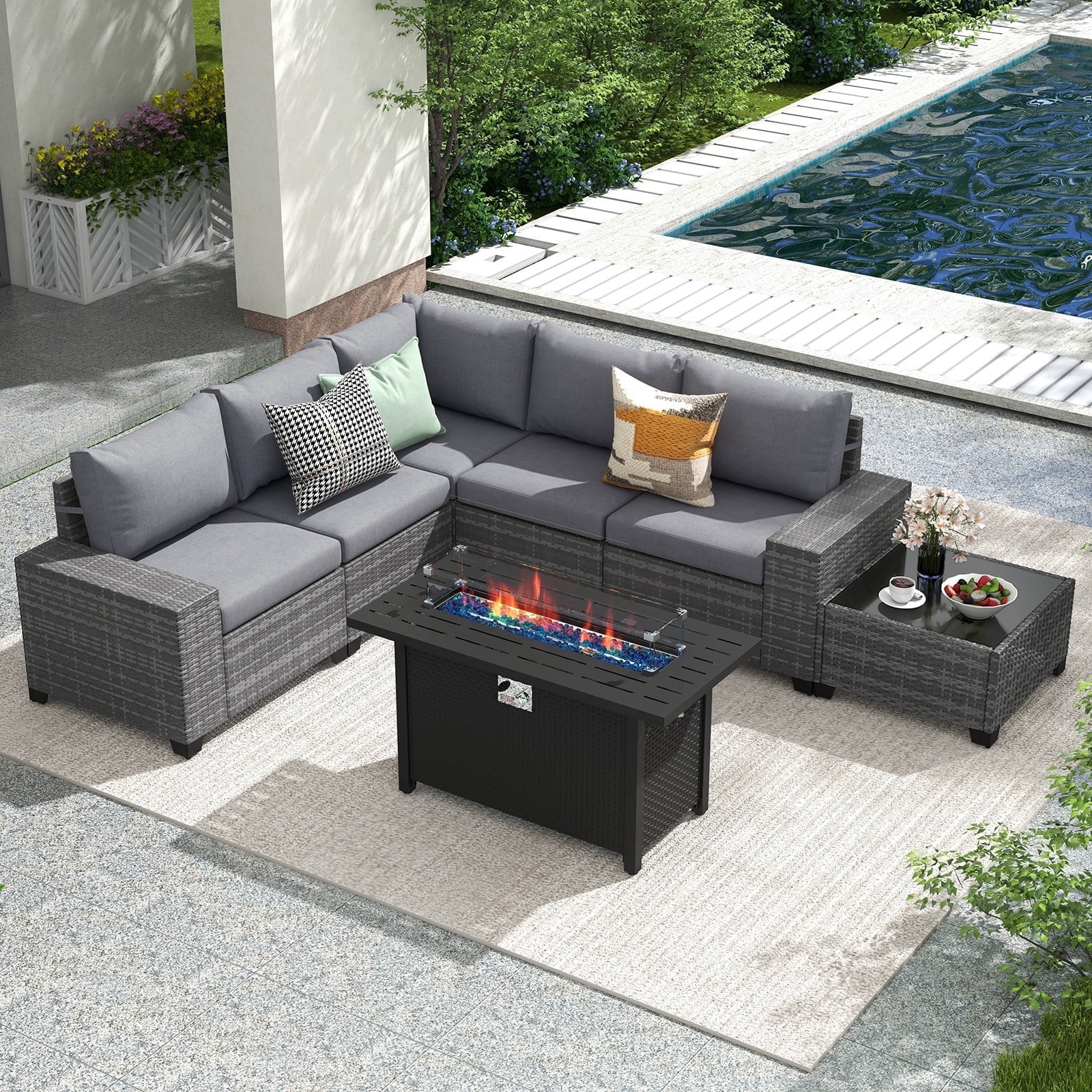 JOIVI 7 Pieces Wicker Patio Furniture Set 5-Seat Outdoor Conversation ...
