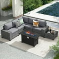 thumbnail image 1 of JOIVI 7 Pieces Wicker Patio Furniture Set 5-Seat Outdoor Conversation Set with 45-Inch Fire Pit Table, 8'' Wide Armrest Modular Rattan Outdoor Sectional Sofa Set, Gray, 1 of 12