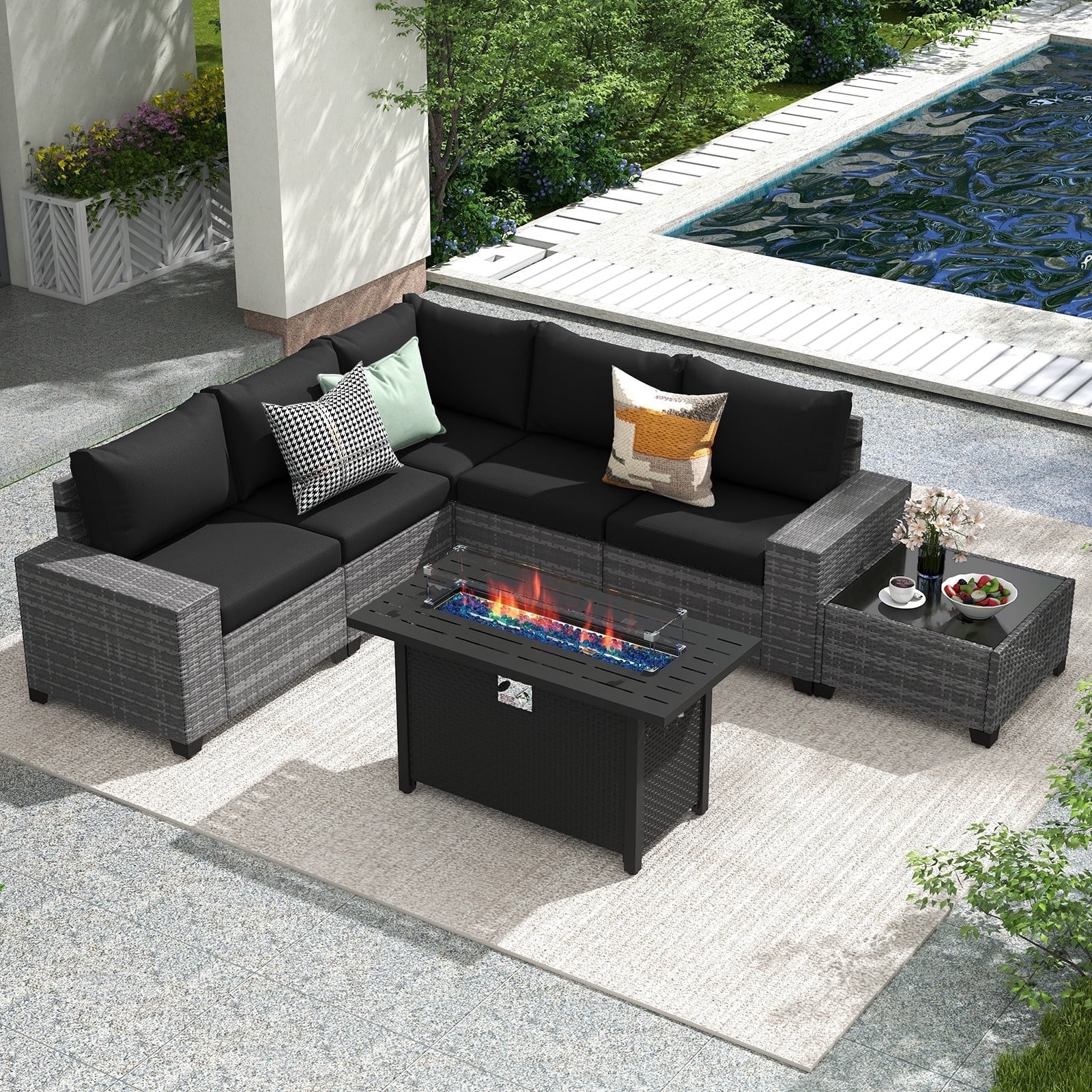 JOIVI 7 Pieces Wicker Patio Furniture Set 5-Seat Outdoor Conversation Set with 45-Inch Fire Pit Table, 8'' Wide Armrest Modular Rattan Outdoor Sectional Sofa Set, Black