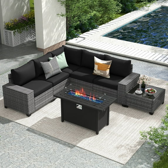JOIVI 7 Pieces Wicker Patio Furniture Set 5-Seat Outdoor Conversation Set with 45-Inch Fire Pit Table, 8'' Wide Armrest Modular Rattan Outdoor Sectional Sofa Set, Black