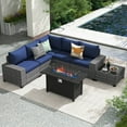 thumbnail image 1 of JOIVI 7 Pieces Wicker Patio Furniture Set 5-Seat Outdoor Conversation Set with 45-Inch Fire Pit Table, 8'' Wide Armrest Modular Rattan Outdoor Sectional Sofa Set, Navy Blue, 1 of 14