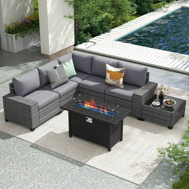 JOIVI 7 Pieces Wicker Patio Furniture Set 5-Seat Outdoor Conversation Set with 45-Inch Fire Pit Table, 8'' Wide Armrest Modular Rattan Outdoor Sectional Sofa Set, Gray