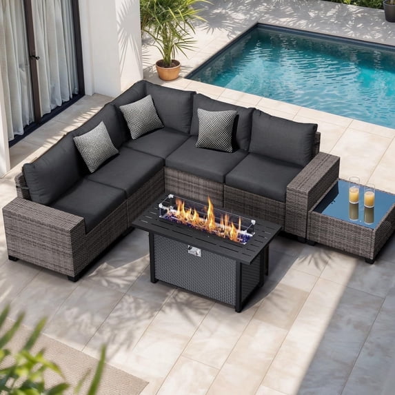 JOIVI 7 Pieces Wicker Patio Furniture Set with 50,000 BTU Gas Fire Pit Table, Outdoor Rattan Sectional Sofa Conversation Set with 45" Fire Pit Table for Deck, Porch, Yard, Black