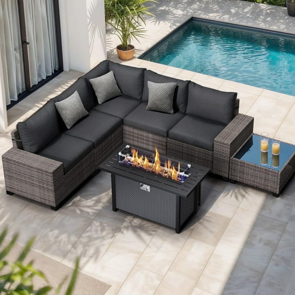 JOIVI 7 Pieces Wicker Patio Furniture Set with 50,000 BTU Gas Fire Pit Table, Outdoor Rattan Sectional Sofa Conversation Set with 45" Fire Pit Table for Deck, Porch, Yard, Black