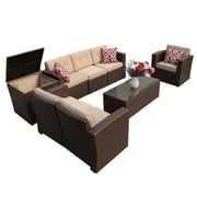 JOIVI 8 Pc Outdoor Furniture Set with Storage Box, Wicker Rattan Patio Conversation Set with Sectional Sofa Couch for 6 People, Espresso Brown