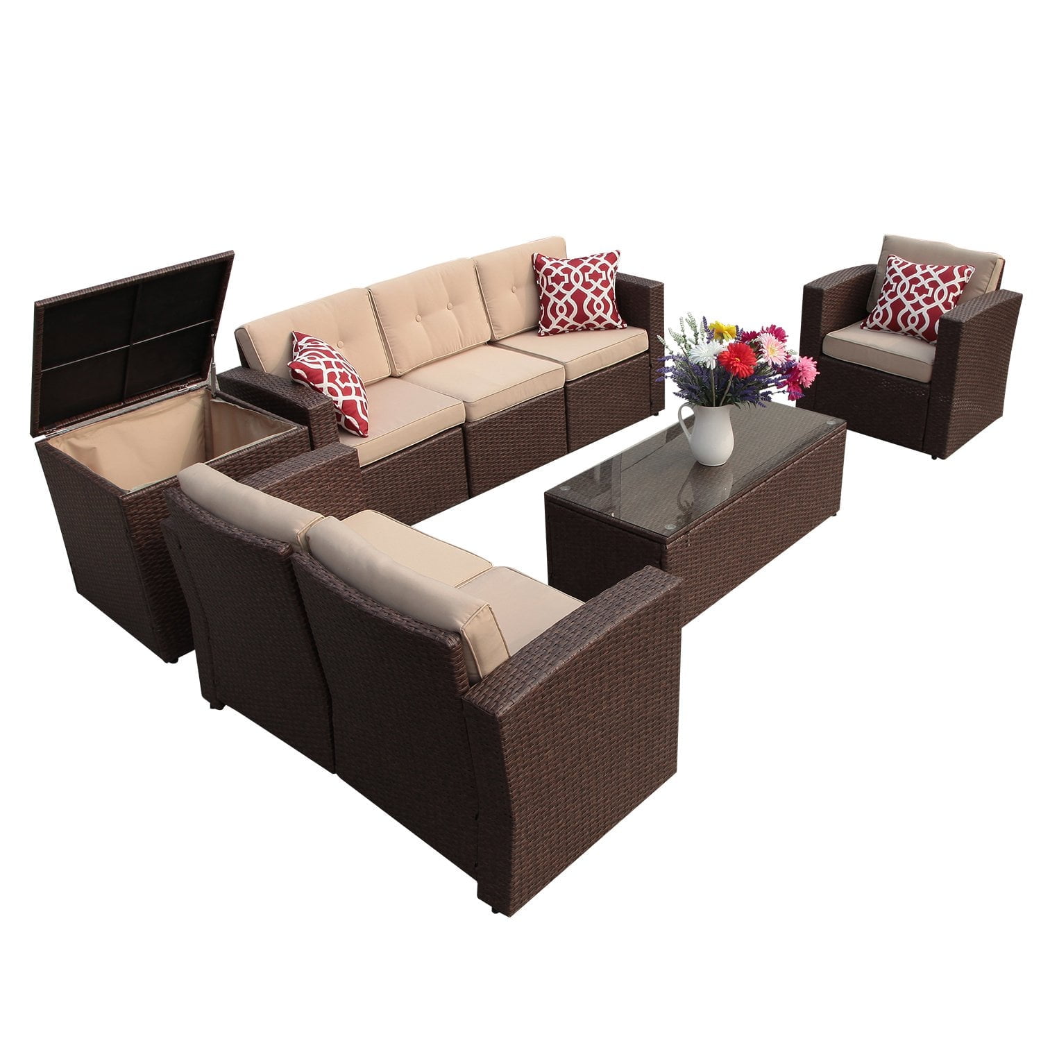 JOIVI 8 Pc Outdoor Furniture Set with Storage Box, Wicker Rattan Patio Conversation Set with Sectional Sofa Couch for 6 People, Espresso Brown - image 1 of 12