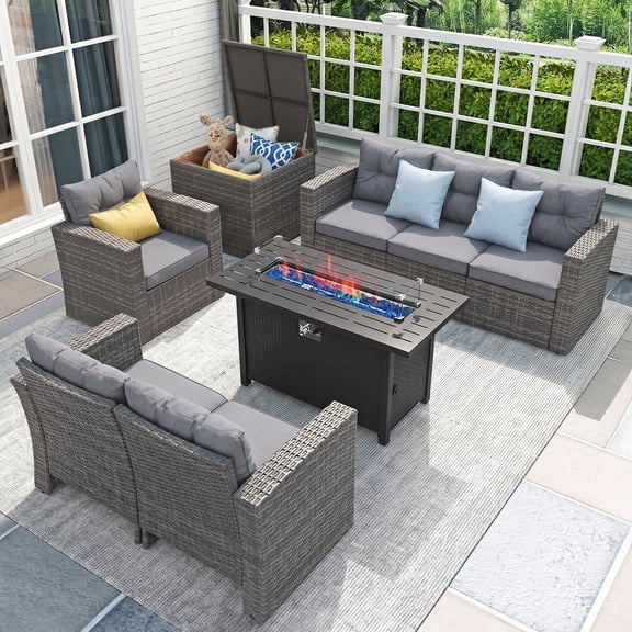 JOIVI 8 Pcs Wicker Patio Furniture Set with 45” Fire Pit Table, Rattan Outdoor Sectional Sofa Conversation Set with Storage Box and 50,000 BTU Gas Fire Pit for Garden, Deck, Backyard, Parties, Gray