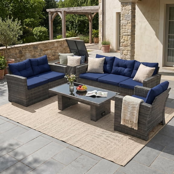 JOIVI 8 Piece Outdoor Furniture Set, Outdoor Patio Conversation Sets with Lift Dining Table and Deck Box, Outdoor Couch Set with PE Rattan Sectional Sofas for Lawn, Deck, Balcony, Navy Blue