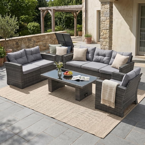 JOIVI 8 Piece Outdoor Furniture Set, Outdoor Patio Conversation Sets with Lift Dining Table and Deck Box, Outdoor Couch Set with PE Rattan Sectional Sofas for Lawn, Deck, Balcony, Grey