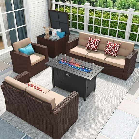 JOIVI 8 Piece Patio Furniture Conversation Set with 45” Fire Pit Table, Wicker Outdoor Sectional Sofa Set with Storage Box and 50,000 BTU Gas Fire Pit for Garden, Deck, Backyard, Parties, Brown
