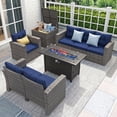 thumbnail image 1 of JOIVI 8-Piece Wicker Patio Conversation Set with 50,000 BTU Gas Fire Pit Table, Rattan Outdoor Sectional Sofa Furniture Set with Storage Box and 45” Fire Pit for Garden, Deck, Backyard, Navy Blue, 1 of 13