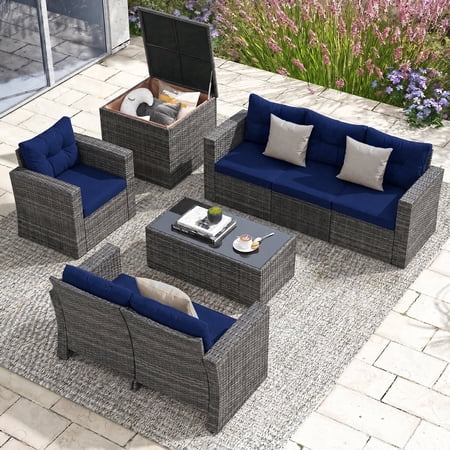 JOIVI 8 Pieces Patio Furniture Conversation Set, Outdoor Sectional Patio Sofa Set with Storage Box and Coffee Table, for Garden, Porch, Navy Blue