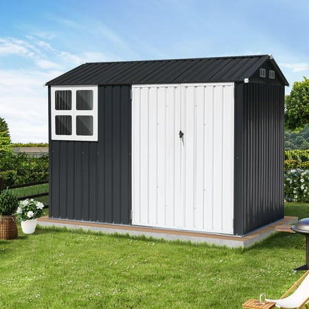 JOIVI 8 x 6 FT Outdoor Storage Shed with Large Window, Patio Galvanized Metal Steel Garden Shed for Bike, Garbage Can, Lawnmower, Tool Storage Shed W/Lock, for Backyard, Lawn, Black and White