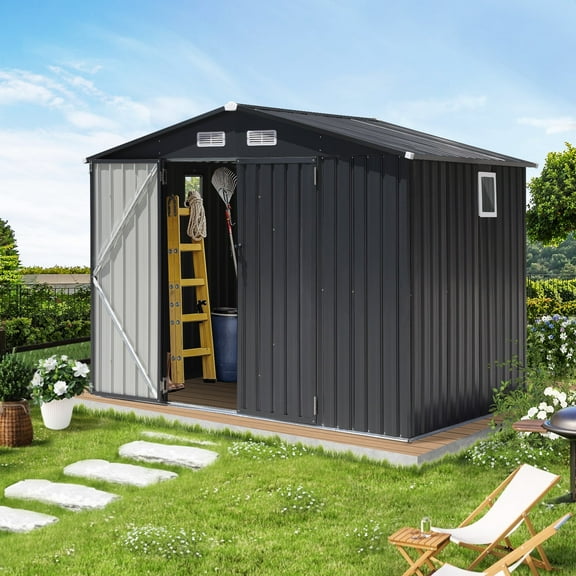 JOIVI 8 x6 FT Outdoor Storage Shed with Window, Galvanized Metal Steel Weather Resistant Garden Shed for Bike, Garbage Can, Lawnmower, Tool Storage Shed W/Lock, for Backyard Patio Lawn, Black