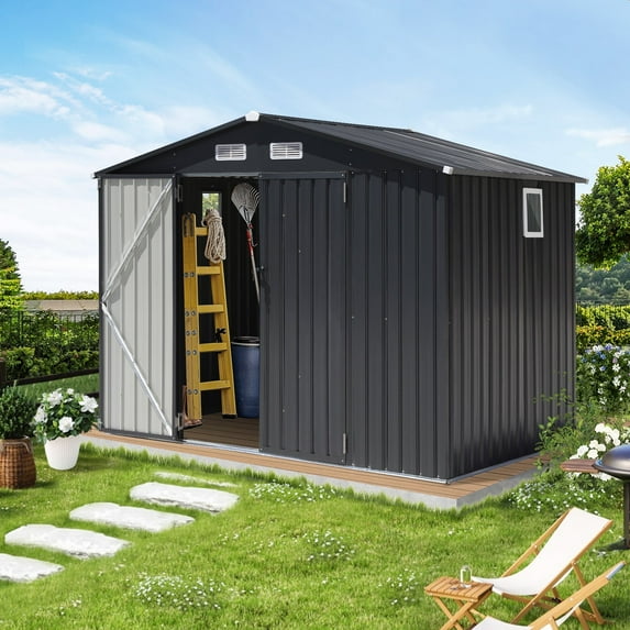 JOIVI 8 x6 FT Outdoor Storage Shed with Window, Galvanized Metal Steel Weather Resistant Garden Shed for Bike, Garbage Can, Lawnmower, Tool Storage Shed W/Lock, for Backyard Patio Lawn, Black