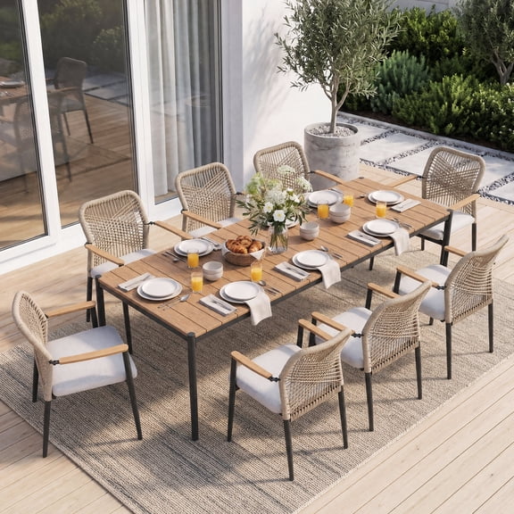 JOIVI 9-Piece Outdoor Patio Dining Set, Dining Table Set for 6 People, Patio Furniture Set with 82.6” Metal Table and 8 Cushioned Rope Patio Chairs for Deck, Garden, Patio