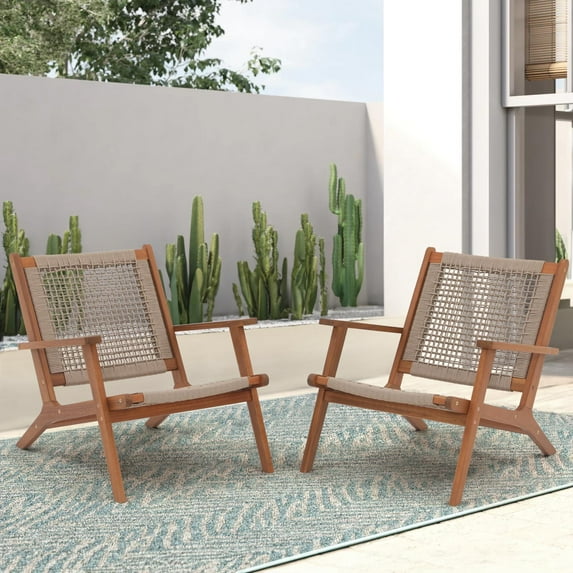 JOIVI Acacia Wood Patio Chair Set of 2, Modern Accent Chairs with Armrest, Reading Armchair with Rope Woven Backrest and Seat for Porch, Balcony, Living Room, Garden, Beige