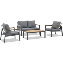 JOIVI Aluminum Patio Furniture Set, 4 Pieces Outdoor Conversation Set with Teak Wood Top Coffee Table, Patio Sectional Sofa Set for Poolside, Lawn, Backyard, Gray Frame/ Gray Cushion