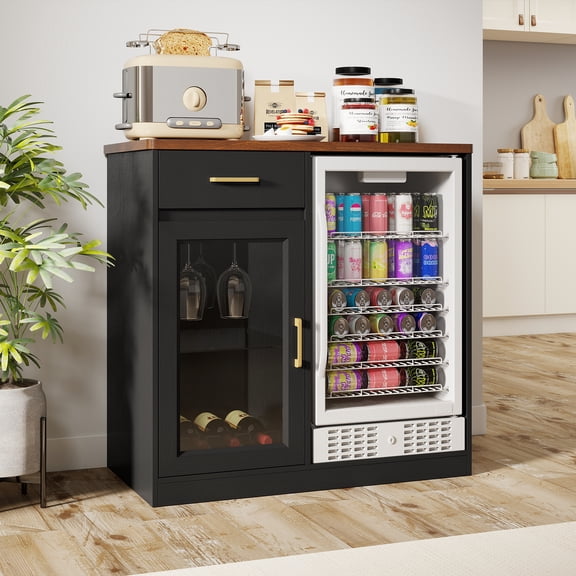 JOIVI Coffee Bar with Mini Fridge Space, Bar Cabinet with Fridge Space & Wine Storage with Outlets, Modern Wine Cabinet with LED Lights & Wine Rack for Kitchen, Living Room and Office, Black