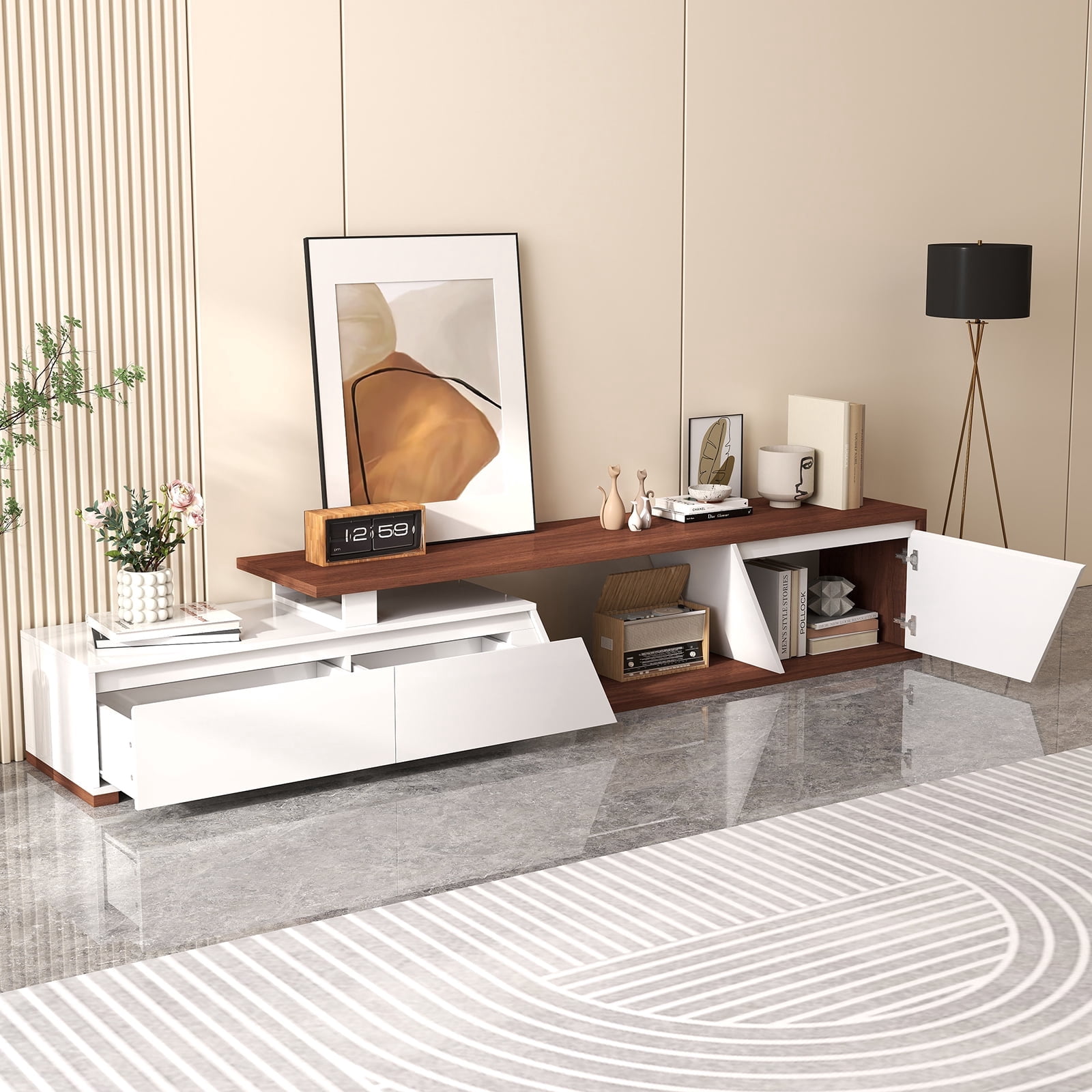 JOIVI Extendable LED TV Stand, Modern Entertainment Center with 2 Drawers, Sliding Tabletop Media Console with Storage Cabinet for Living Room, 71.0" - 106.3", White