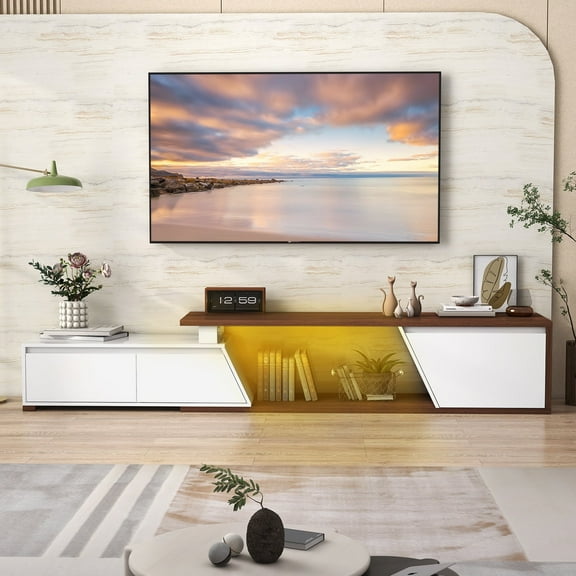 JOIVI Extendable LED TV Stand, Modern Entertainment Center with 2 Drawers, Sliding Tabletop Media Console with Storage Cabinet for Living Room, White