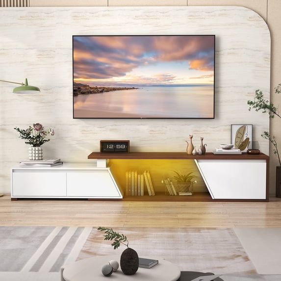 JOIVI Extendable LED TV Stand, Modern Entertainment Center with 2 Drawers, Sliding Tabletop Media Console with Storage Cabinet for Living Room, 63.0" - 90.5", White