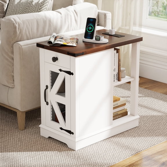 JOIVI Farmhouse Side Table with Charging Station, Rustic Style End Tables with USB Ports and AC Outlets, Night Stand with Drawer and Adjustable Storage Shelf