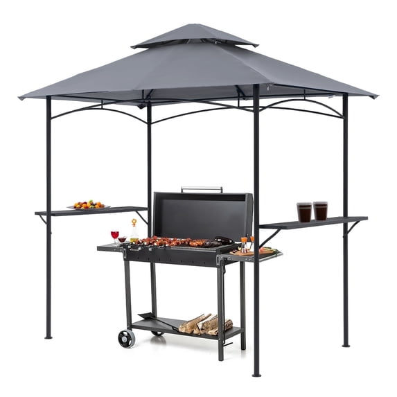JOIVI Grill Gazebo 8 x 5 Double Tiered Outdoor BBQ Grill Patio Canopy, Backyard Barbeque Tent with Extra Shelves, Gray